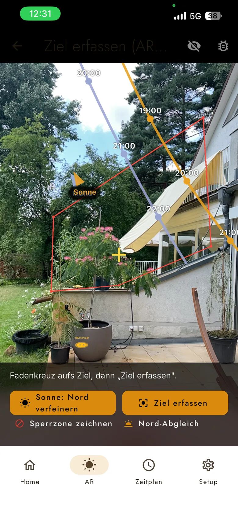 AR-Ansicht der ohoya-App: eine rote Sperrzone wird über dem Nachbarbereich in die Szene gezeichnet
