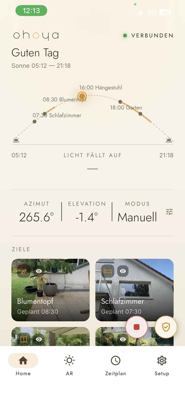 ohoya App Startbildschirm: Sonnenbahn mit geplanten Zielen von Sonnenaufgang bis Sonnenuntergang