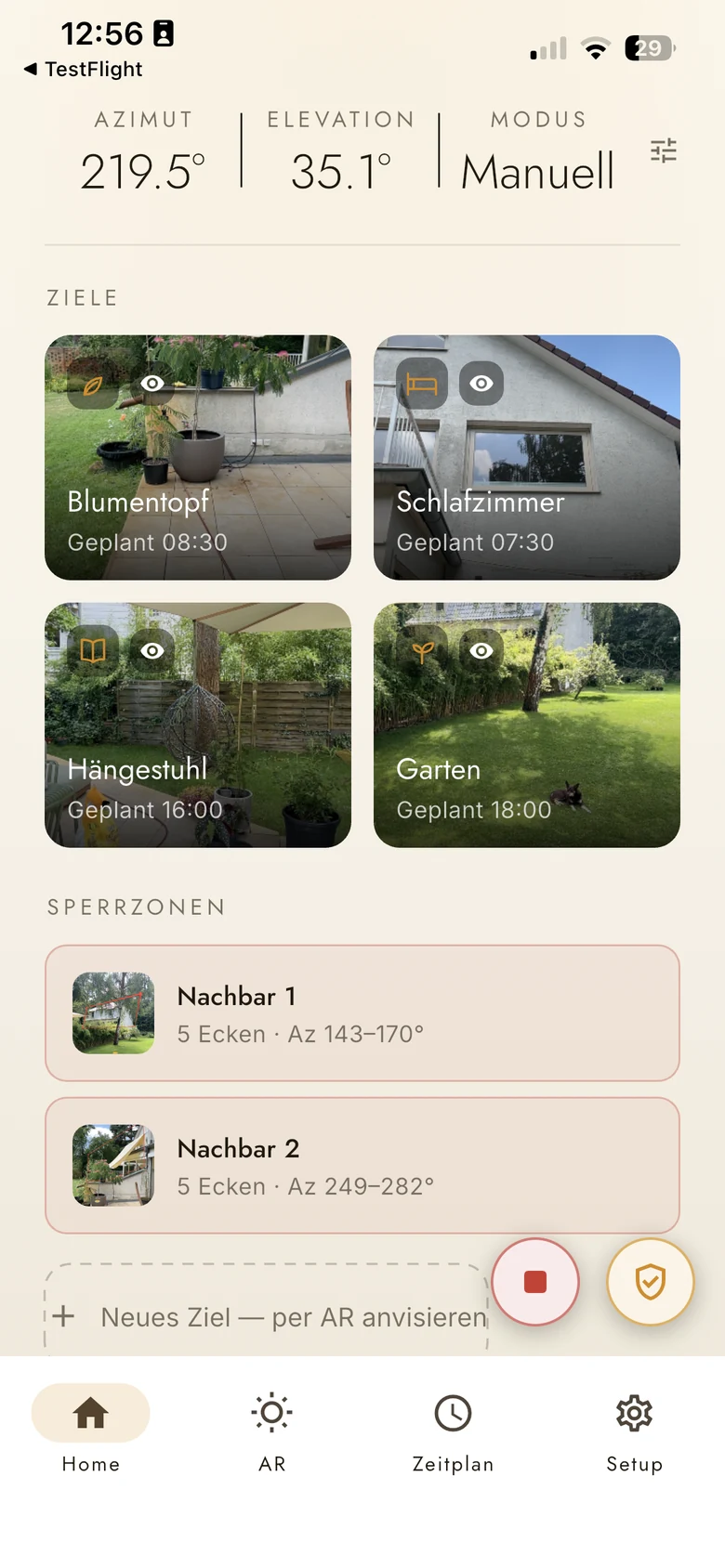 ohoya App: Ziele-Übersicht mit Blumentopf, Schlafzimmer, Hängestuhl und Garten sowie zwei Sperrzonen