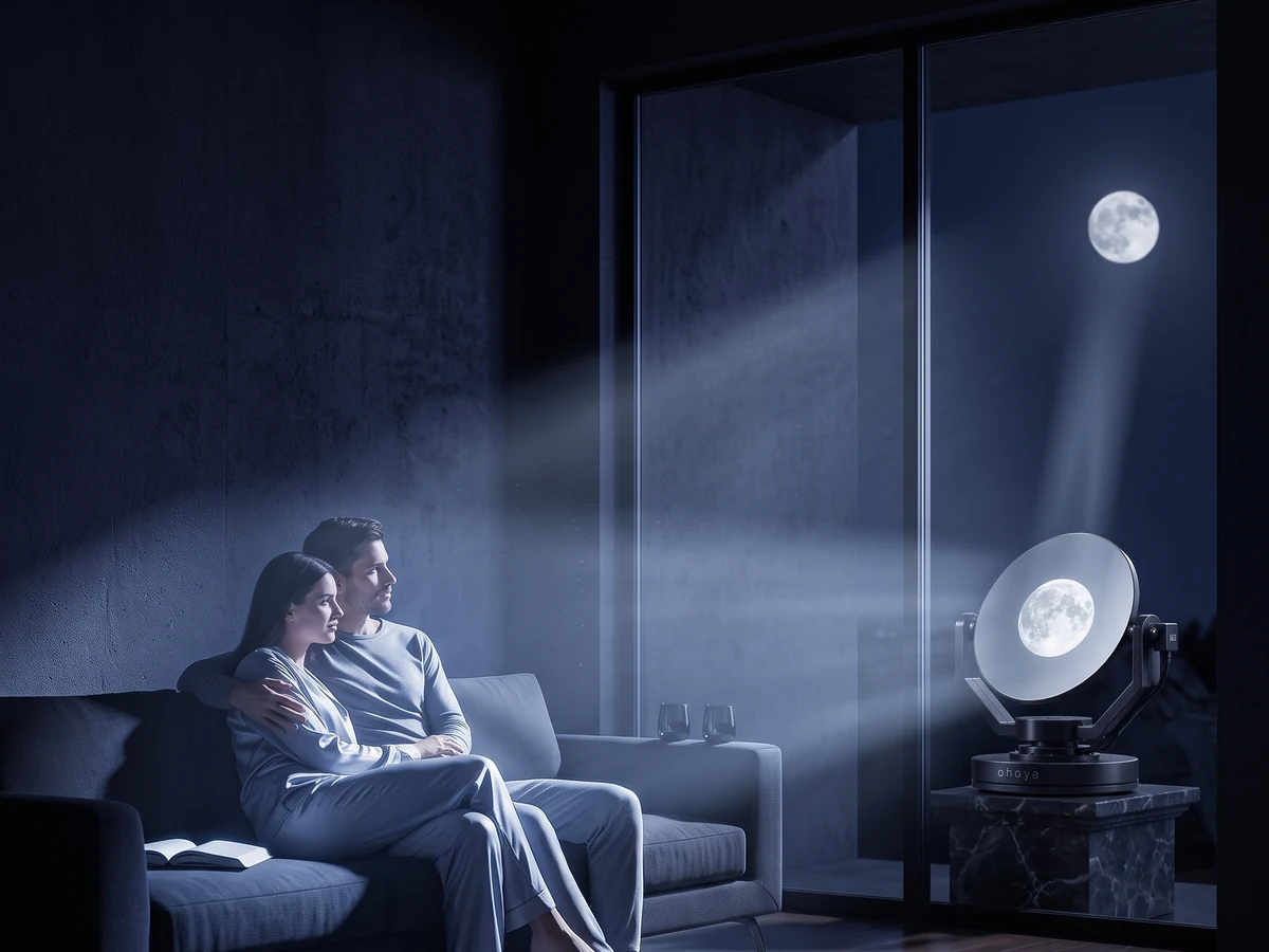 Couple on sofa bathed in moonlight redirected by the ohoya Heliostat — romantic night scene