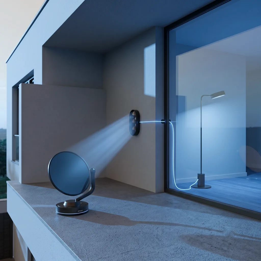 ohoya Core™ Systemvisualisierung: Heliostat lenkt Sonnenlicht in den stationären Glasfaser-Kollektor, der es als echtes Tageslicht in den Innenraum leitet