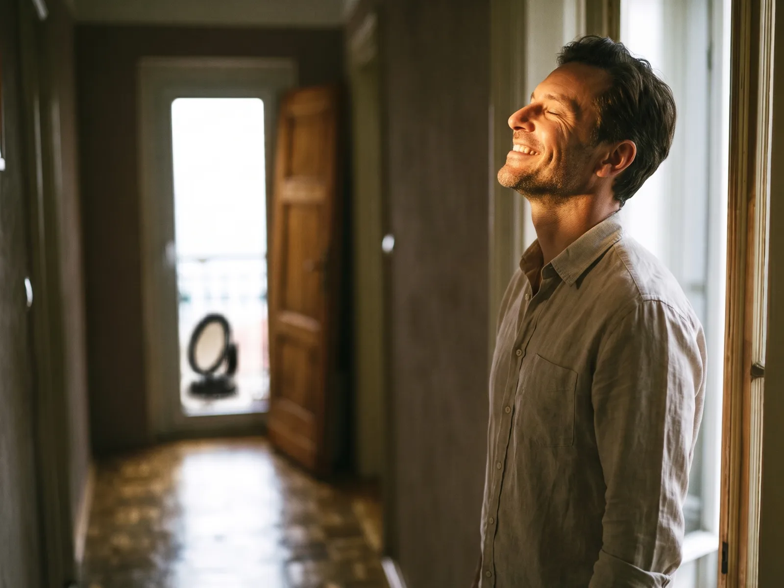 Dunkler Flur mit Lichtstrahlen durch den ohoya Heliostat im Fenster